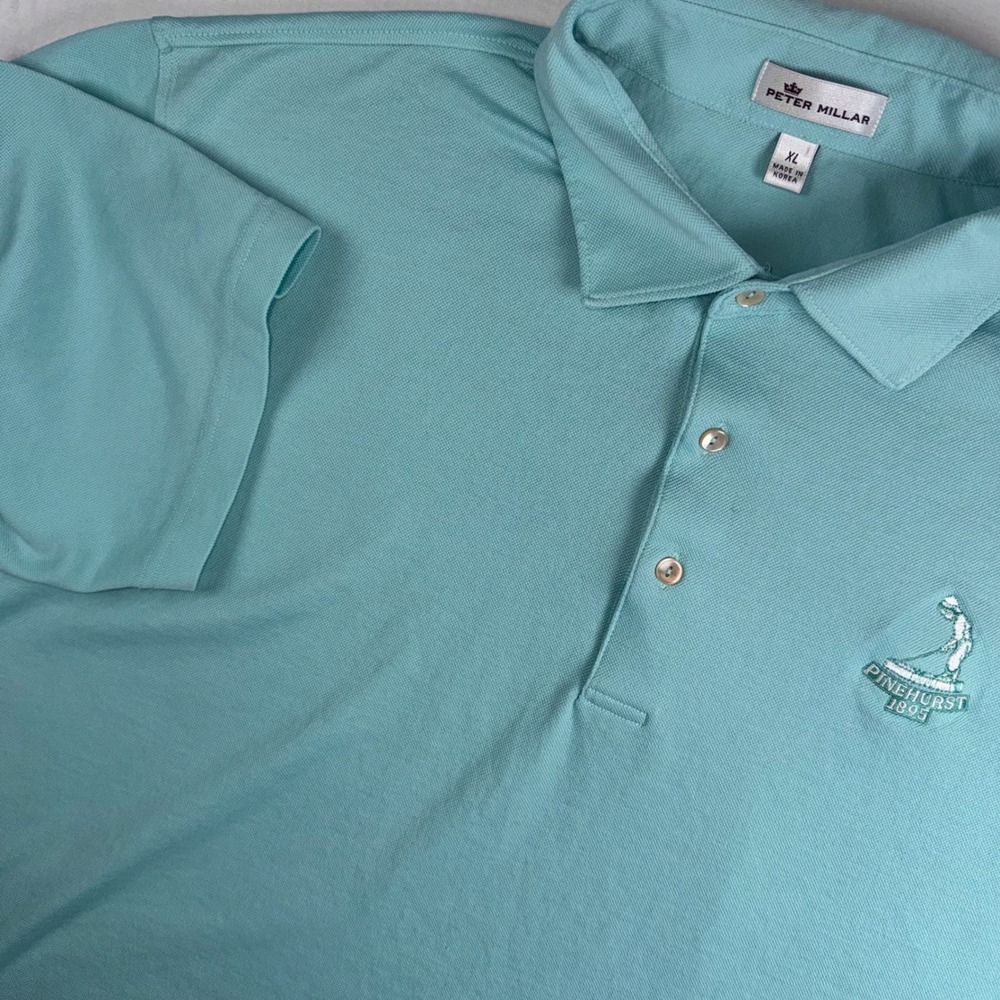 Peter Millar Polo Shirt Men XL Aqua Blue Pinehurst 1895 Pique Short Sleeve Logo